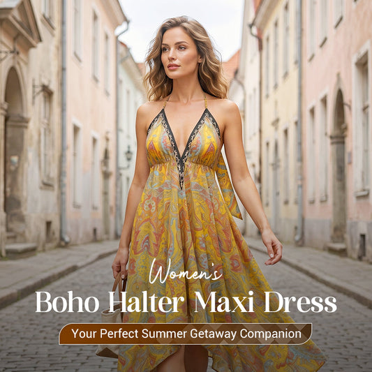 👗 Boho-maxi-jurk met diepe V-hals en halternek voor dames 🌸