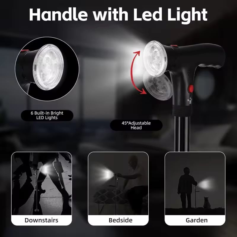 🦯 Multifunctionele opvouwbare wandelstok – met ingebouwd lampje, noodalarm, vierpotige voet en 5-traps hoogteverstelling✨