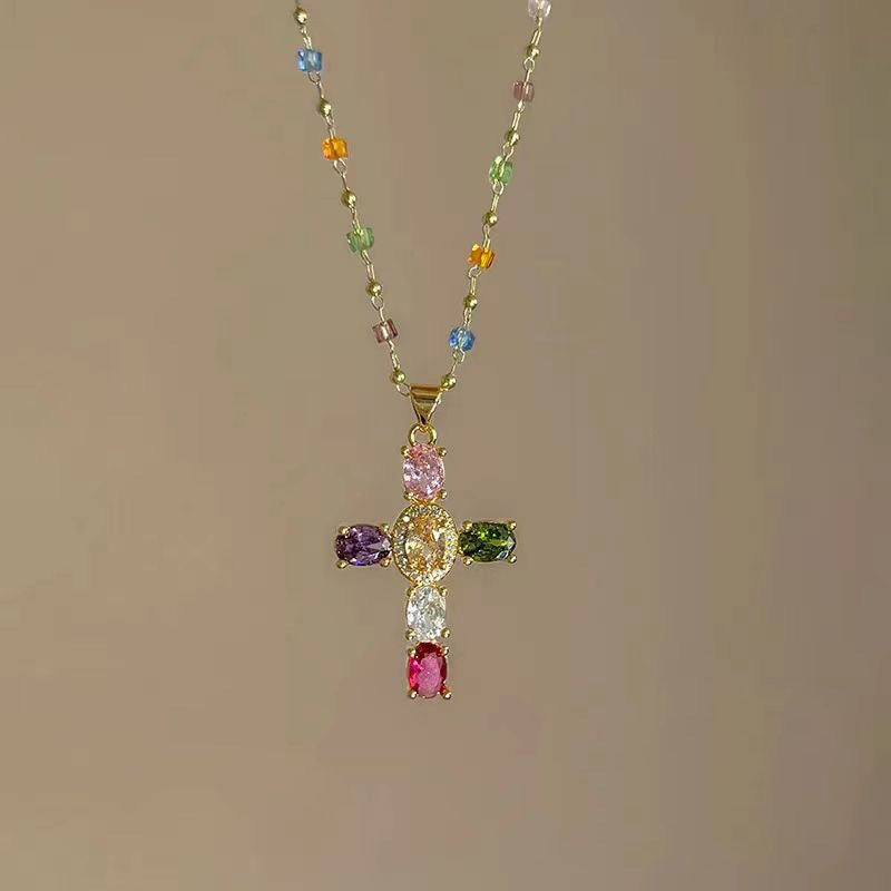 ✨ Kleurrijke ketting met zirkoon kruis-hanger voor dames