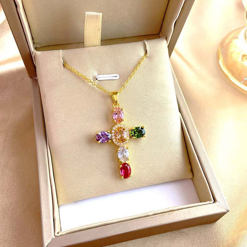 ✨ Kleurrijke ketting met zirkoon kruis-hanger voor dames