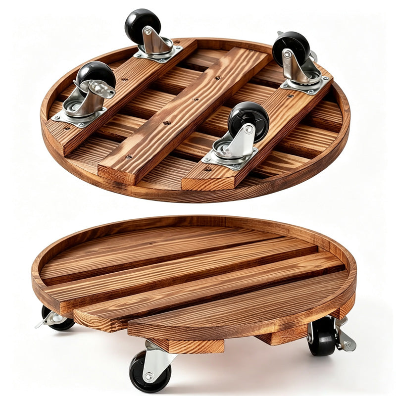 Houten plantenstandaard met wieltjes – ronde, verrijdbare bloempottenwagen