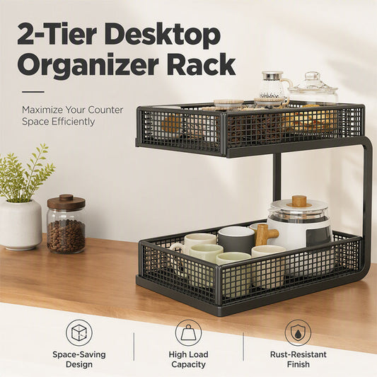🏠Multifunctioneel opbergrek met twee niveaus voor op het aanrecht – van zeer sterk koolstofstaal, met C-vormige open vakken en uiterst stabiel ✨