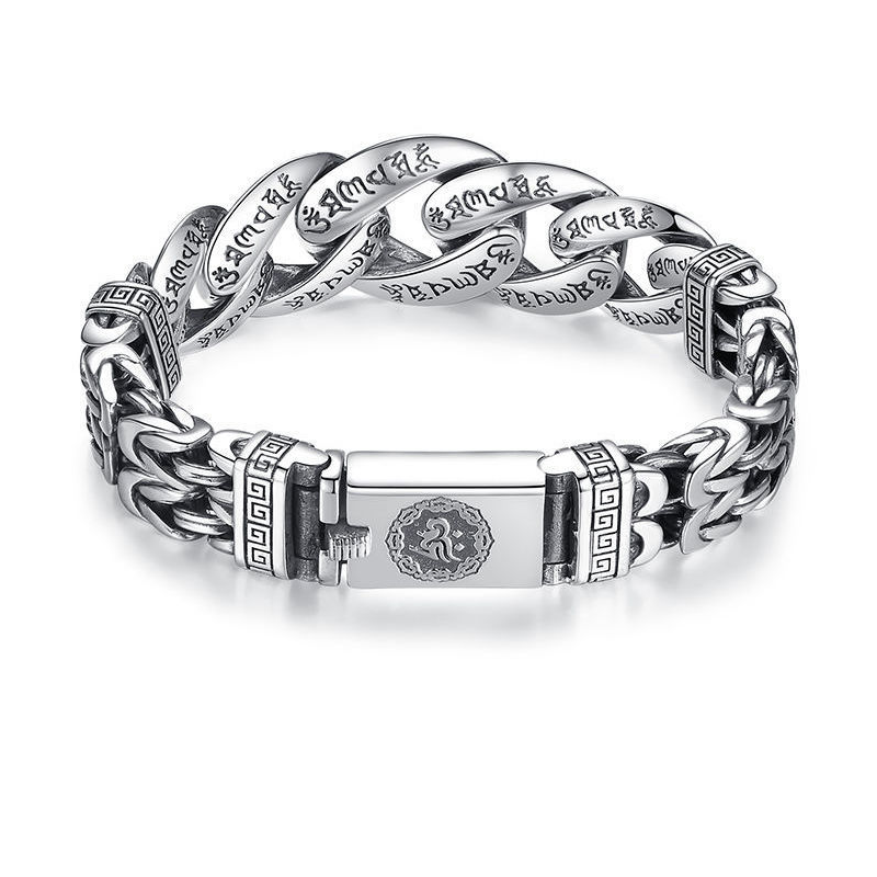 💿 FLASH SALE: 50% KORTING! 🕉️ Retro Mantra Armband voor Heren – Zes Gegraveerde Lettergrepen & Vintage Zilveren Afwerking – Spirituele Stijl ✨
