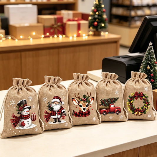 🎁 Kerstcadeauzakjes met Schattige Prints | Herbruikbaar & Scheurvast | Met Koordsluiting voor Snoep, Sieraden & Kleine Cadeautjes