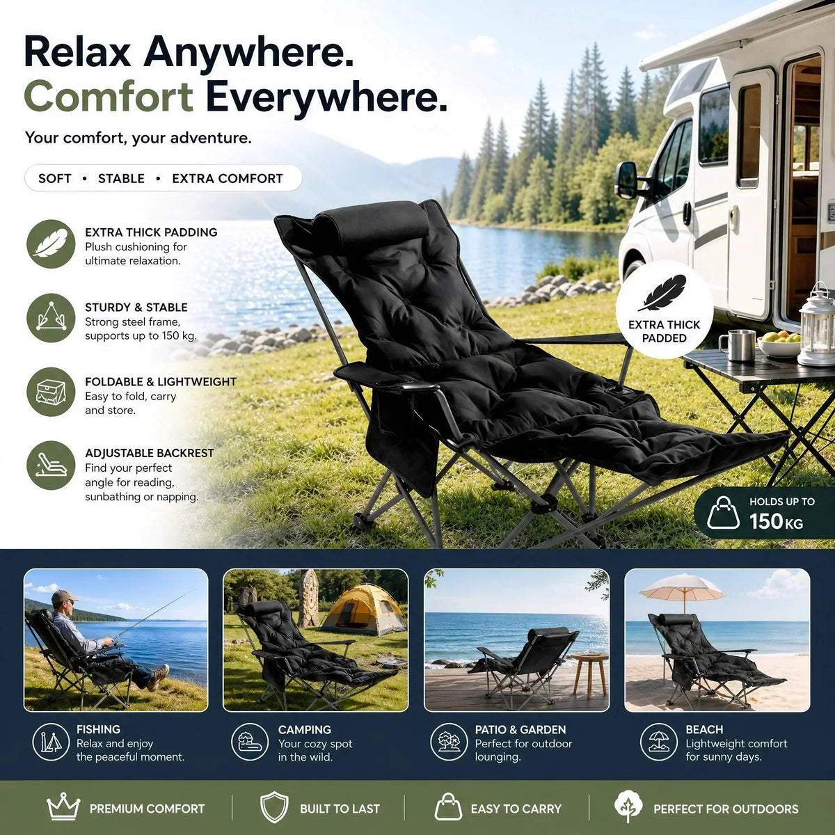 ✨🏖️ Van strand tot camping: deze verstelbare buitenstoel met beensteun en 3-4 standen past zich aan jouw comfort aan – stevig stalen frame, ademende stof, draagriem inbegrepen. 50% KORTING!