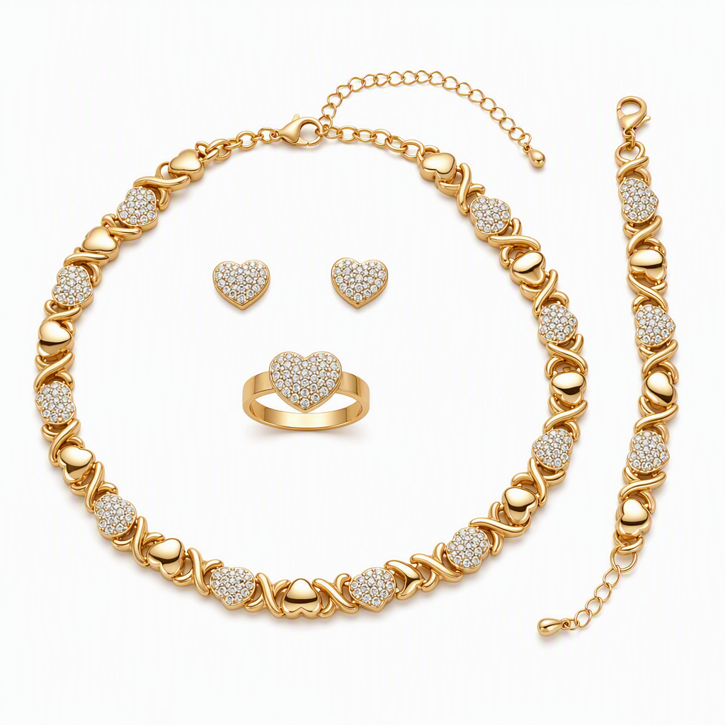 💠Vergulde hartvormige sieraden met strass-steentjes, 4-delige set met ketting, oorbellen, armband en ring