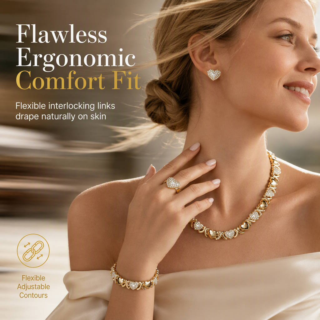 💠Vergulde hartvormige sieraden met strass-steentjes, 4-delige set met ketting, oorbellen, armband en ring