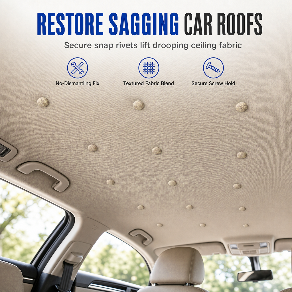 ⏳Tijdelijke aanbieding⏰Reparatieset voor de hemelbekleding van de auto, voor het herstellen van doorhangende dakbekleding; drukknopen en bevestigingsklinknagels voor het interieurplafond van de auto, inclusief montagegereedsch