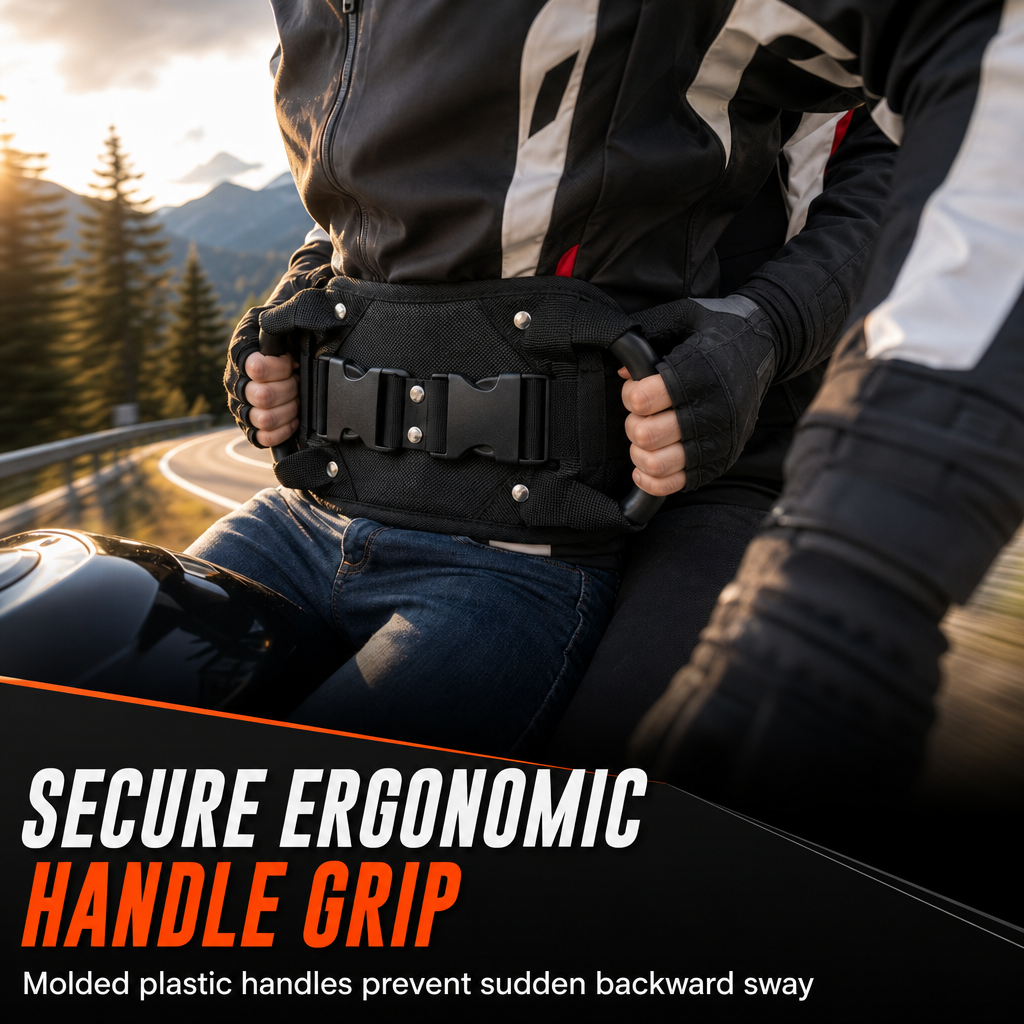 🏍️ Passagiersgreep: nylon met hoge treksterkte, ergonomische handgreep, verstelbare heupriem, voor motorfietsen