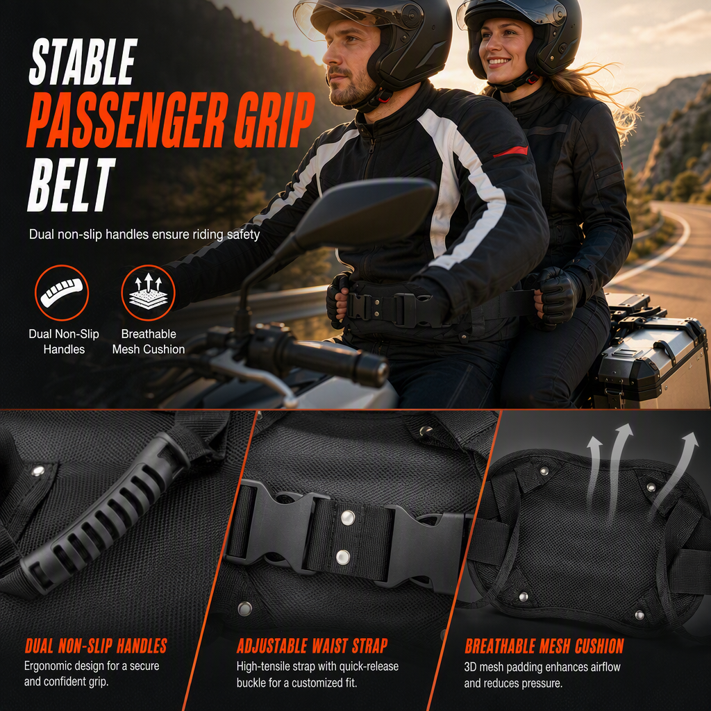 🏍️ Passagiersgreep: nylon met hoge treksterkte, ergonomische handgreep, verstelbare heupriem, voor motorfietsen