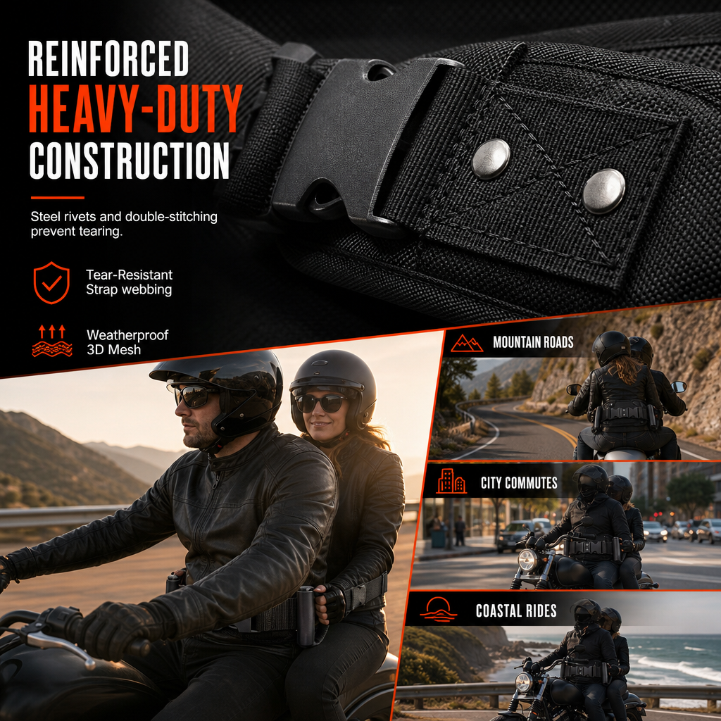 🏍️ Passagiersgreep: nylon met hoge treksterkte, ergonomische handgreep, verstelbare heupriem, voor motorfietsen