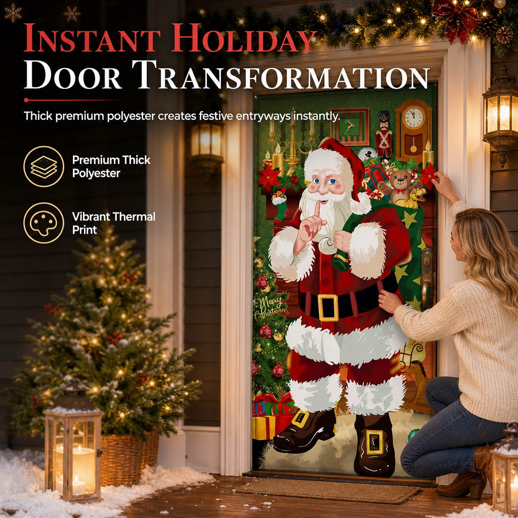 🎄🚪 50% KORTING! Nooit meer een fladderende, verkreukelde deurbanner! Deze kerstdeurhoes met thermische print en dik polyester geeft je voordeur in seconden een sprankelende kerstlook!