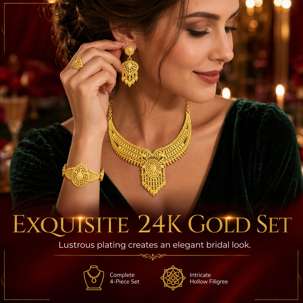 💛💍24-karaats vergulde bruidsjuwelenset | Dubai-stijl | Set met ketting, armband, ring en oorbellen voor dames📿