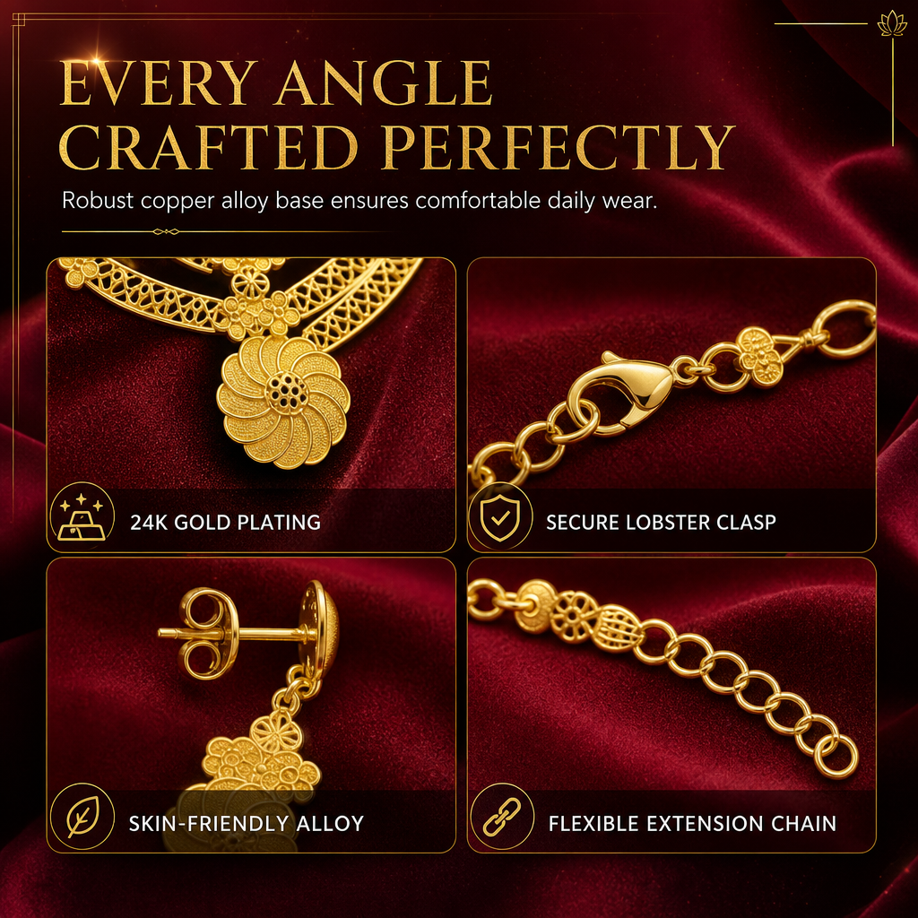 💛💍24-karaats vergulde bruidsjuwelenset | Dubai-stijl | Set met ketting, armband, ring en oorbellen voor dames📿