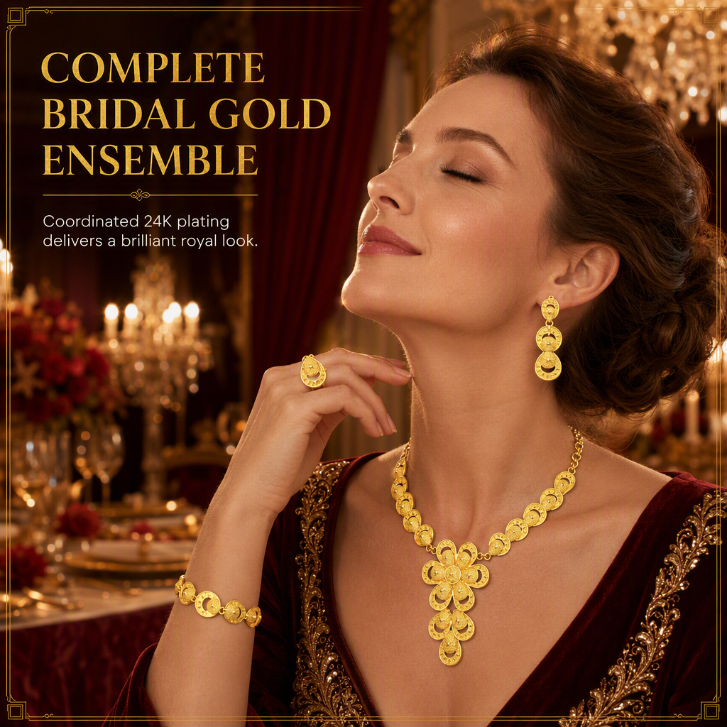 💛💍24-karaats vergulde bruidsjuwelenset | Dubai-stijl | Set met ketting, armband, ring en oorbellen voor dames📿