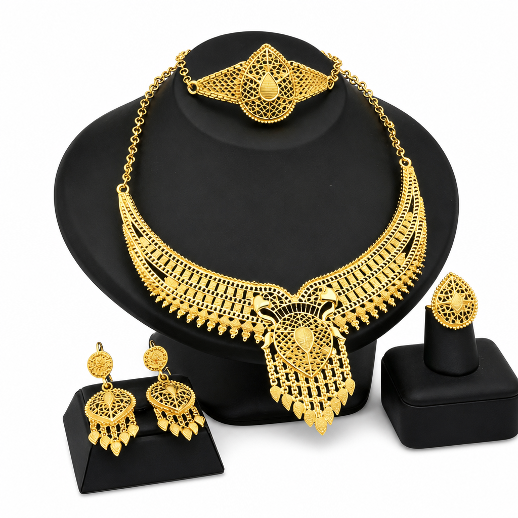 💛💍24-karaats vergulde bruidsjuwelenset | Dubai-stijl | Set met ketting, armband, ring en oorbellen voor dames📿