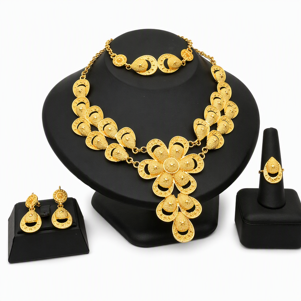 💛💍24-karaats vergulde bruidsjuwelenset | Dubai-stijl | Set met ketting, armband, ring en oorbellen voor dames📿