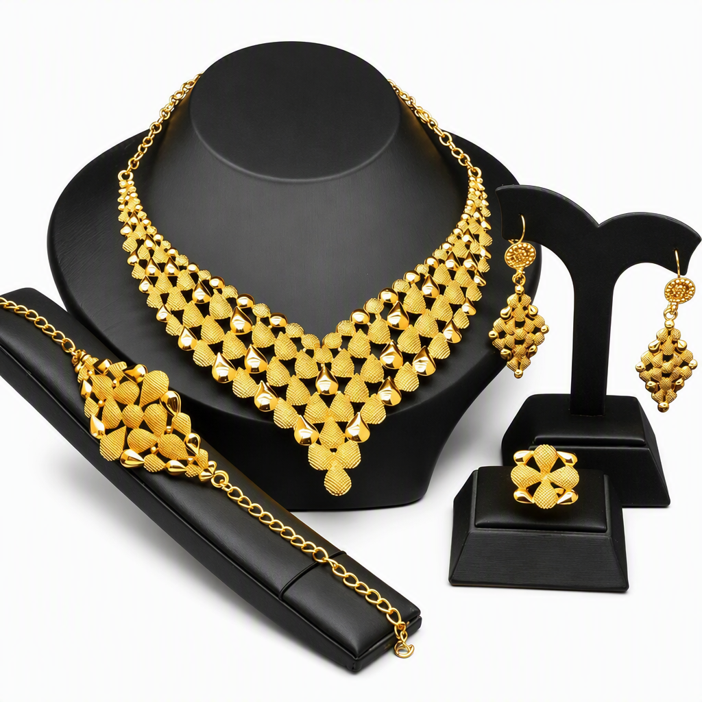 💛💍24-karaats vergulde bruidsjuwelenset | Dubai-stijl | Set met ketting, armband, ring en oorbellen voor dames📿