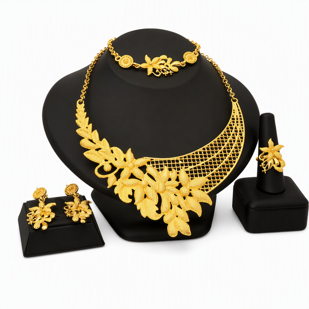 💛💍24-karaats vergulde bruidsjuwelenset | Dubai-stijl | Set met ketting, armband, ring en oorbellen voor dames📿