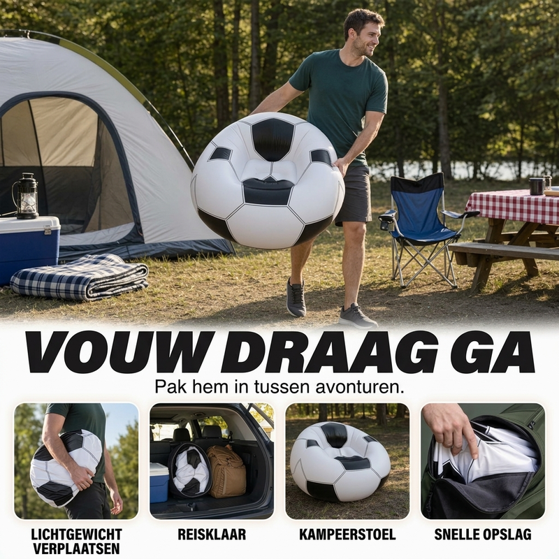 ⚽ Opblaasbare PVC Voetbalvormige Bank 🛋️– Leuk Voetbalontwerp, Duurzame & Draagbare Ligstoel voor Speelkamer, Feest, Slaapkamer & Wedstrijdavonden ✨