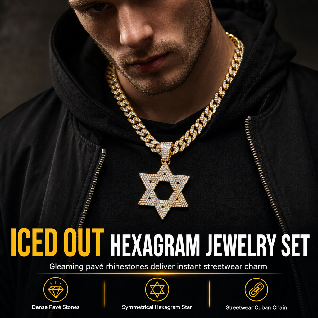 ✨Hip Hop-stijl, met strass versierde holle Davidster met een ketting van 50 cm