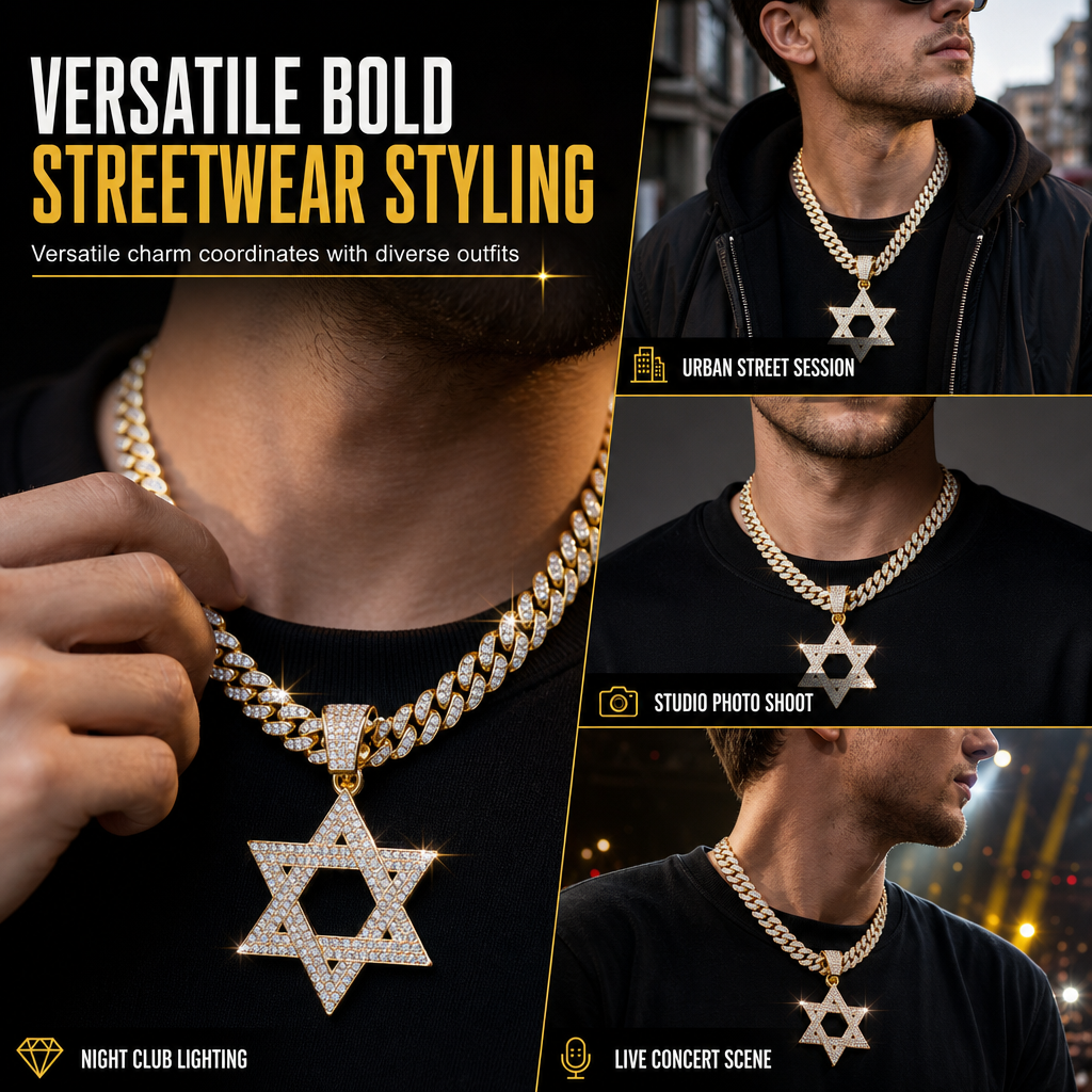 ✨Hip Hop-stijl, met strass versierde holle Davidster met een ketting van 50 cm