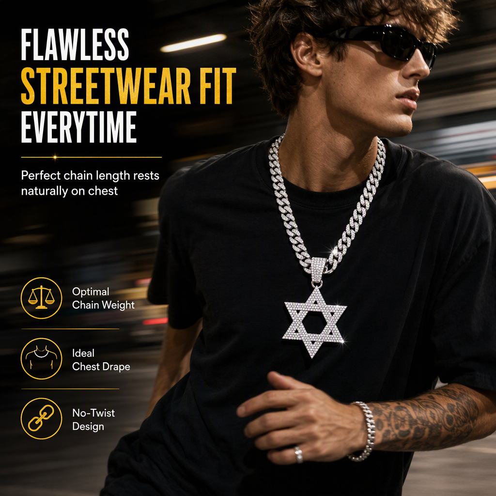 ✨Hip Hop-stijl, met strass versierde holle Davidster met een ketting van 50 cm