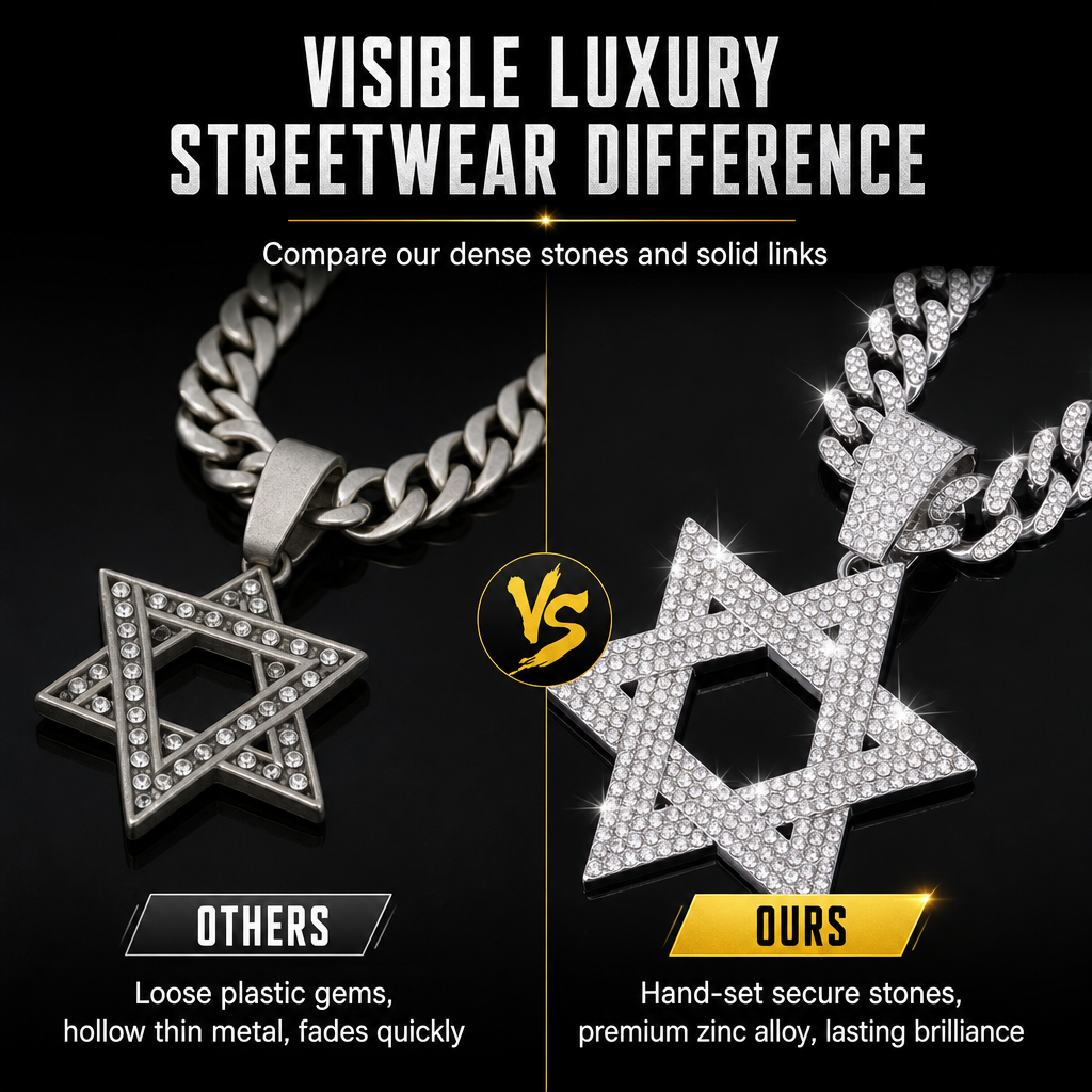 ✨Hip Hop-stijl, met strass versierde holle Davidster met een ketting van 50 cm