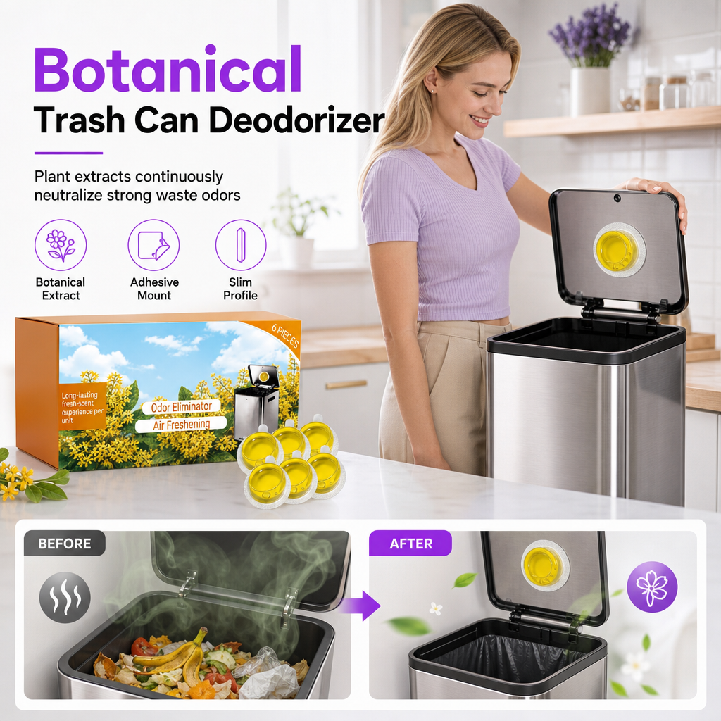 🗑️ 50% korting! Botanische vuilnisbak deodorizer – plakt onder het deksel, neutraliseert geuren wekenlang & 100% plantaardig. 6 stuks, 3 geuren! ✨🌿