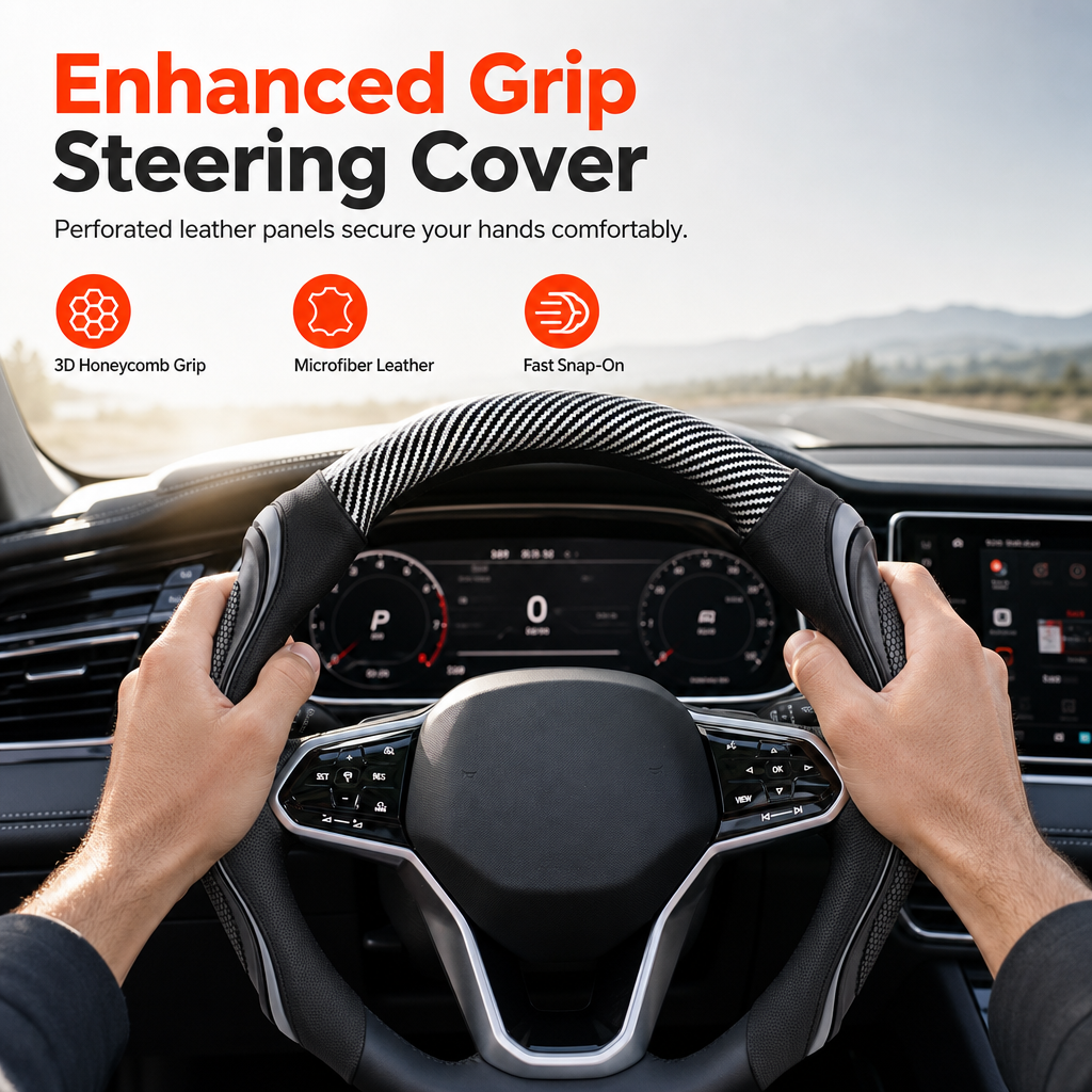 🚗Universele sportieve lederen stuurhoes van 38 cm met antislip siliconen massagegreep – ademende stuurhoes voor alle seizoenen