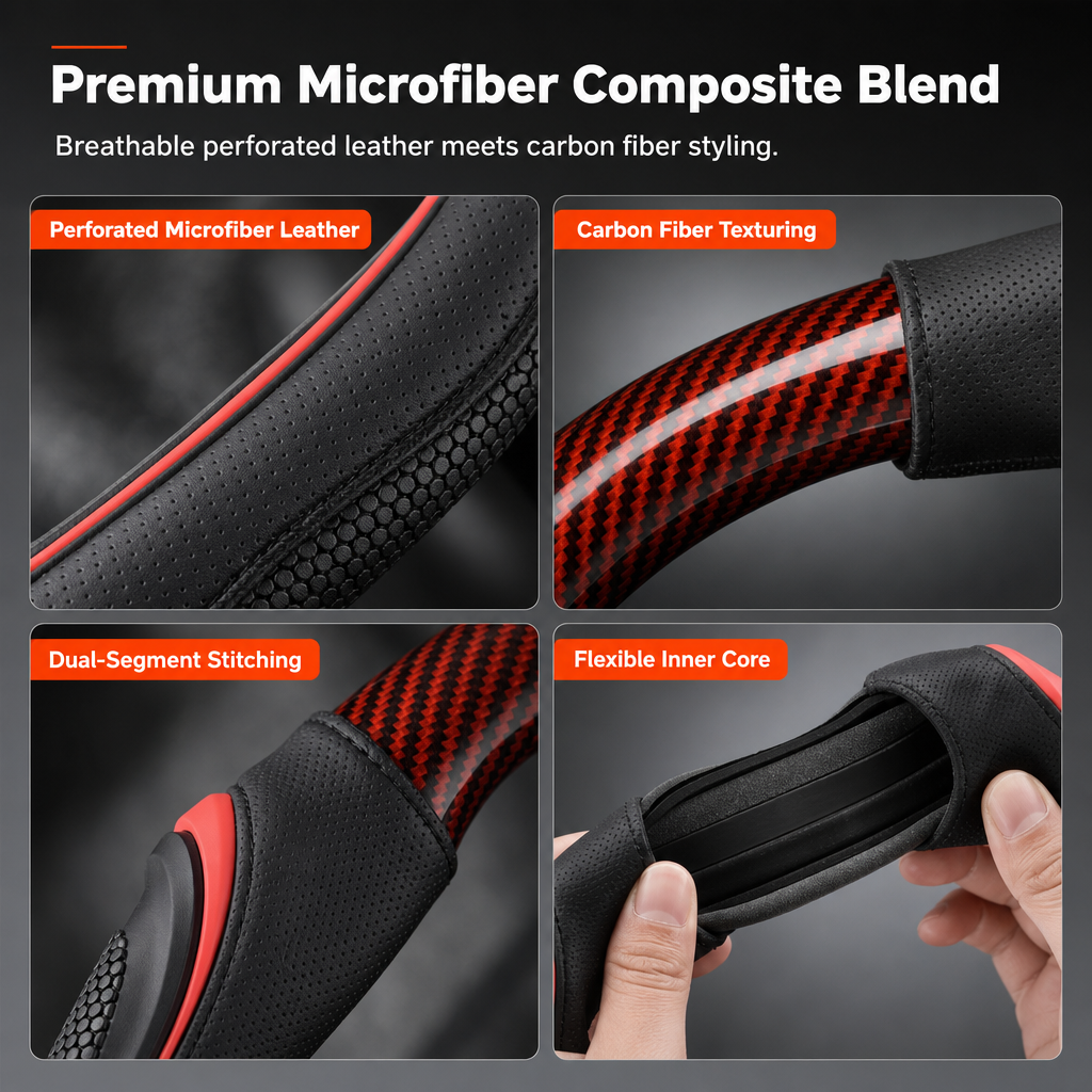 🚗Universele sportieve lederen stuurhoes van 38 cm met antislip siliconen massagegreep – ademende stuurhoes voor alle seizoenen