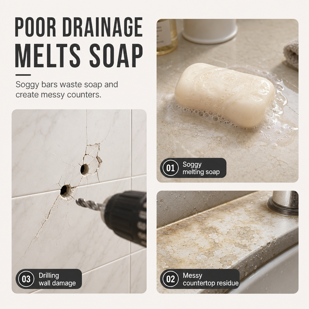 ✨Aan de muur te bevestigen zeepbakje met zuignap – Zeephouder met afvoer voor in de badkamer, te bevestigen zonder boren