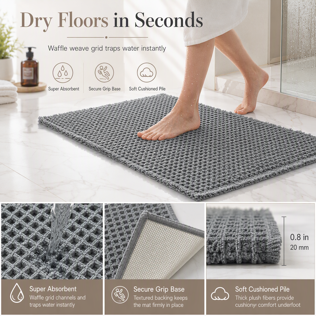 🧼Antislip, waterabsorberende badkamermat met wafelstructuur