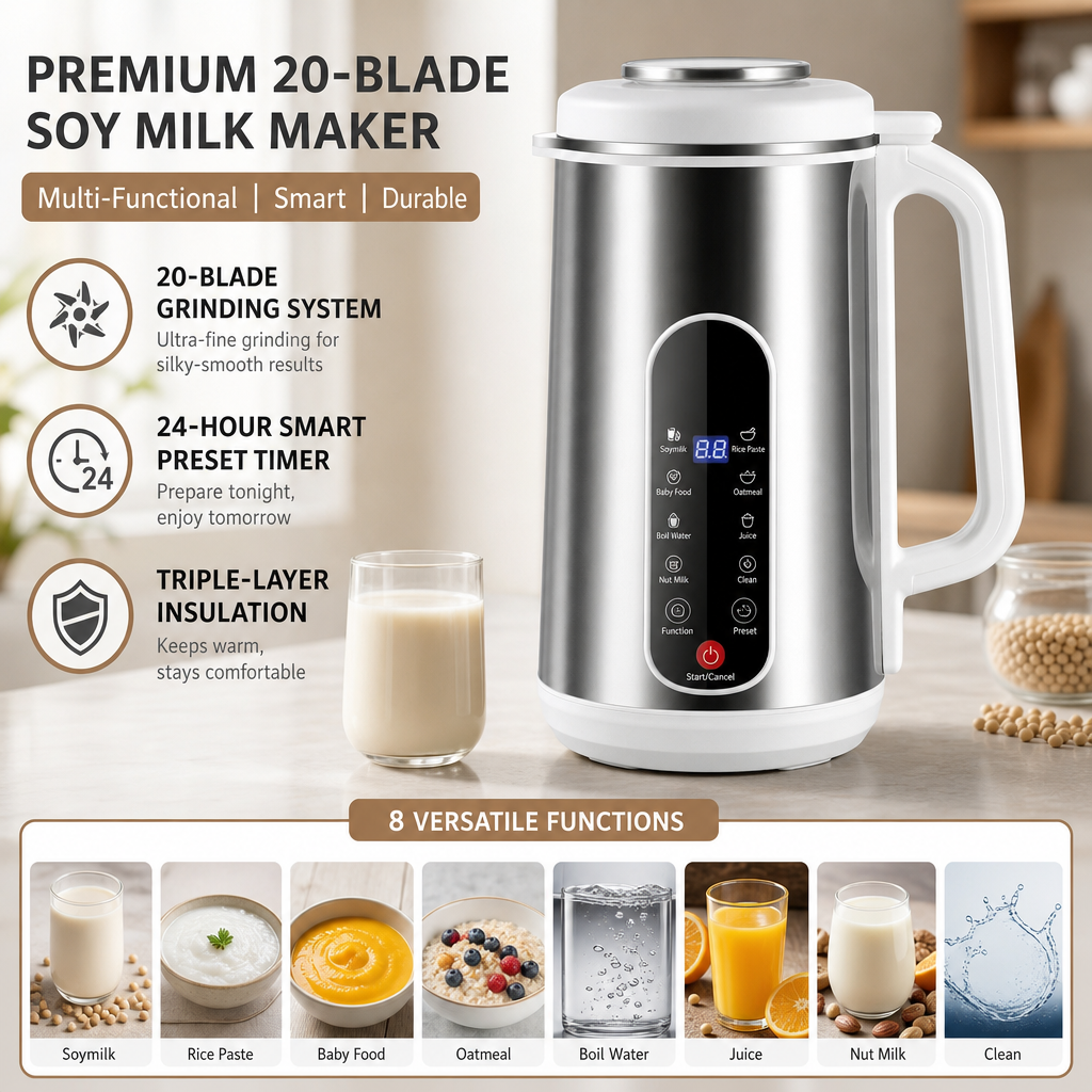 Multifunctionele sojamelkmachine van 304 roestvrij staal en krachtige blender met grote capaciteit, filterloze keukenmachine voor thuisgebruik met slimme timer