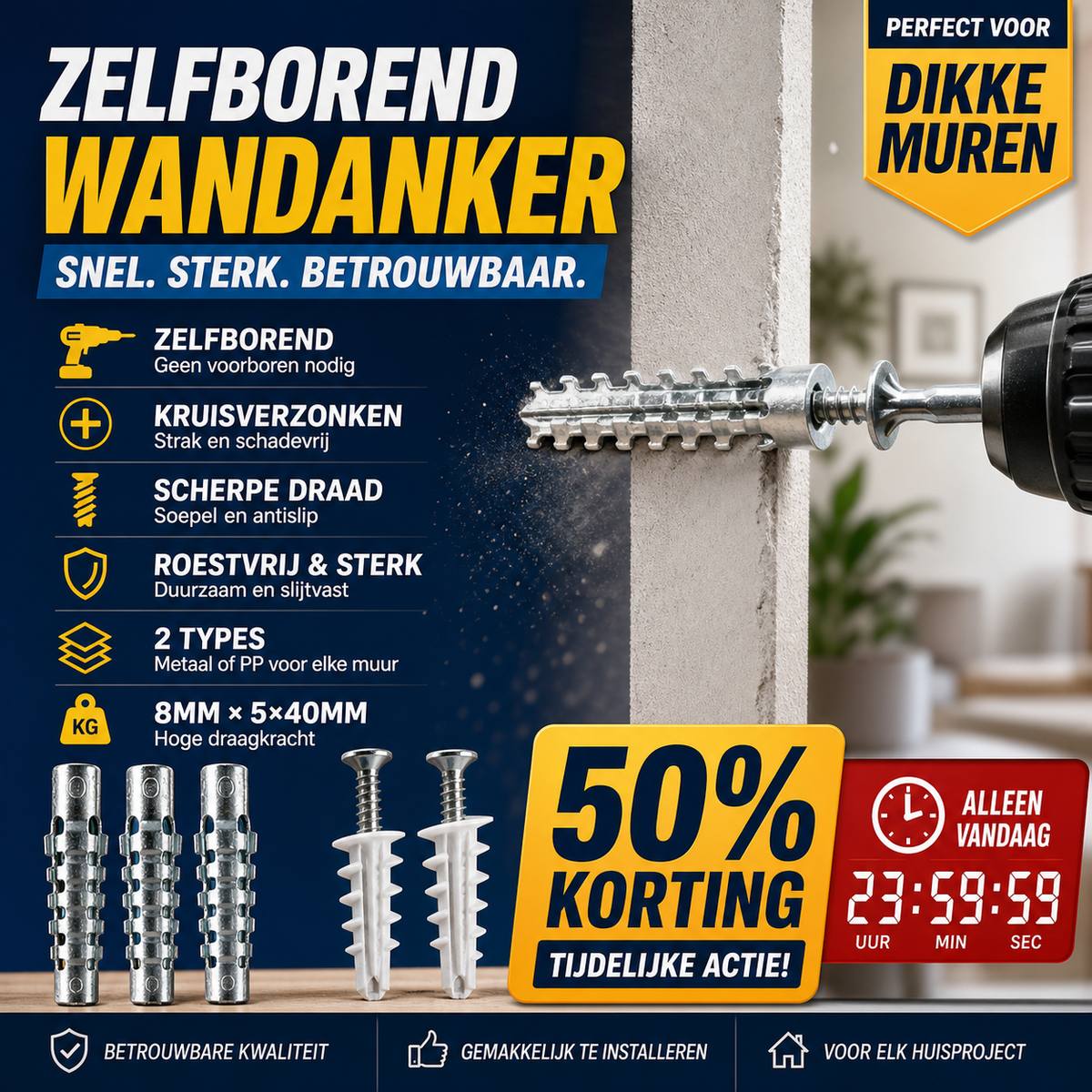 🔩 Geüpdatete expansieschroef met kartelrand – grijpt stevig in elke ondergrond, geen uitslag meer.